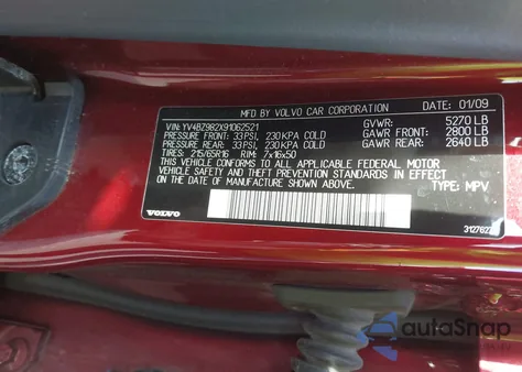 2009 Volvo Xc70 3.2 из США, поврежденный, VIN YV4BZ982X91062521